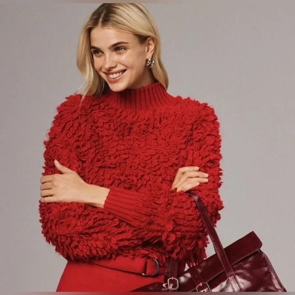 Anthropologie Maeve Callahan Mock Neck Loop Stitch Sweater Medium Red Crewneck M - Picture 10 of 10